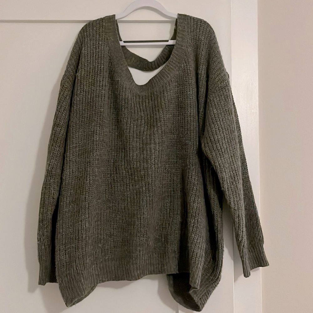Sage green sweater scoop neck front. Plunging V back with Knotted detail.